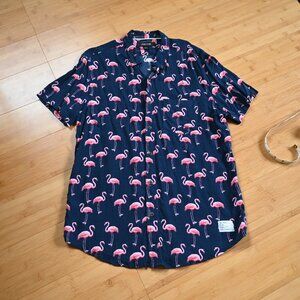Men's Adam Levine Flamingo Print on Navy Button Down Short Sleeve Size M Unisex